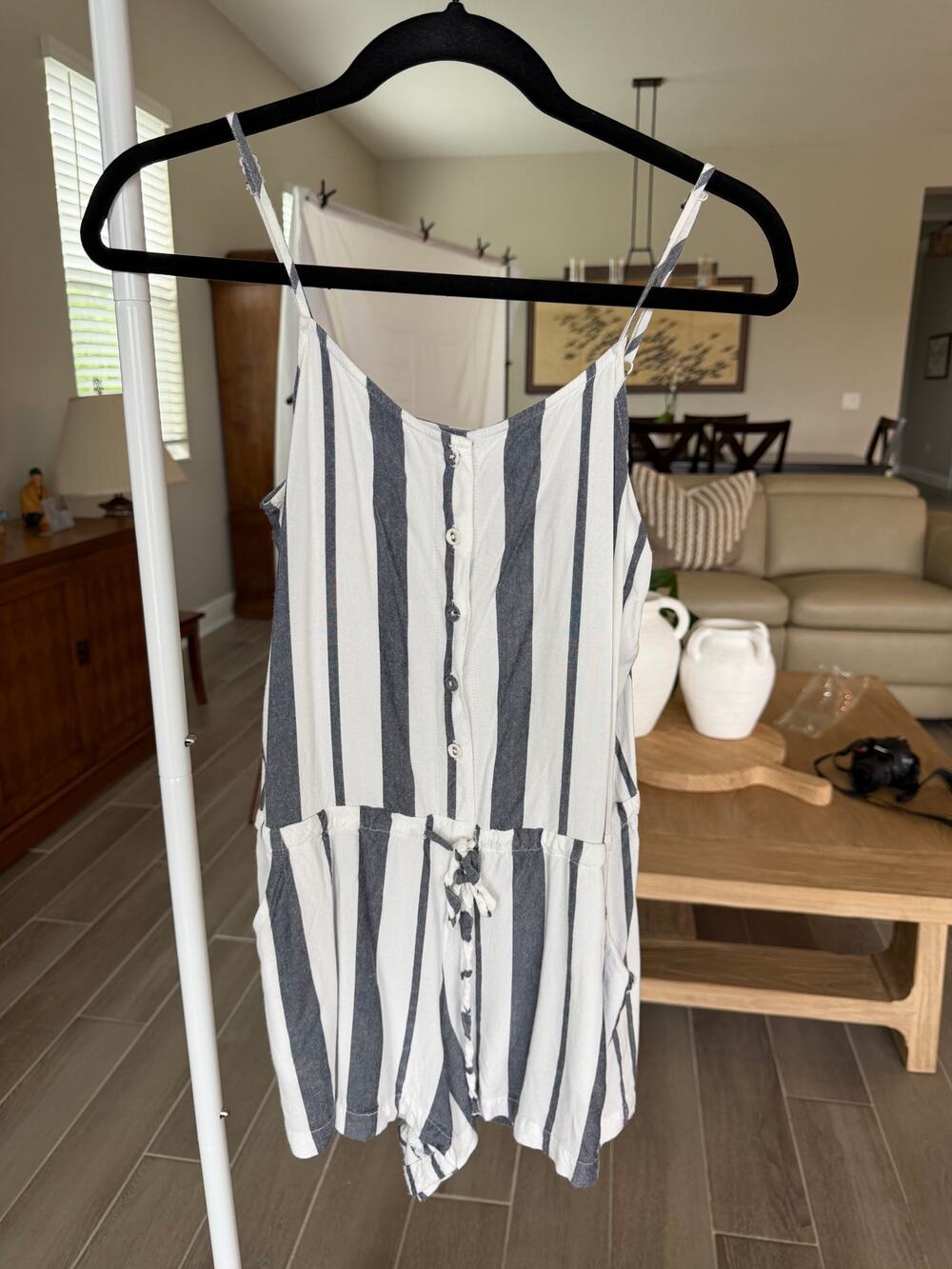 Mud Pie Gray White Striped Button Front Romper Size XS